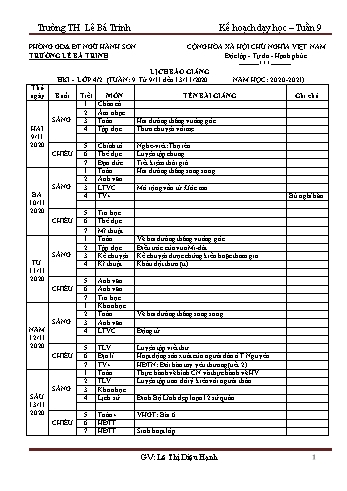 Kế hoạch bài dạy học kì 1 lớp 4 - Tuần 9 Năm học 2020-2021 - Lê Thị Diệu Hạnh - Trường Tiểu học Lê Bá Trinh