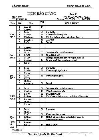 Kế hoạch bài dậy học kì 1 lớp 5 - Tuần 16 Năm học 2020-2021 - Nguyễn Thị Như Quỳnh - Trường Tiểu học Lê Bá Trinh