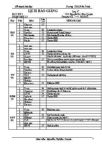 Kế hoạch bài dậy học kì 1 lớp 5 - Tuần 17 Năm học 2020-2021 - Nguyễn Thị Như Quỳnh - Trường Tiểu học Lê Bá Trinh