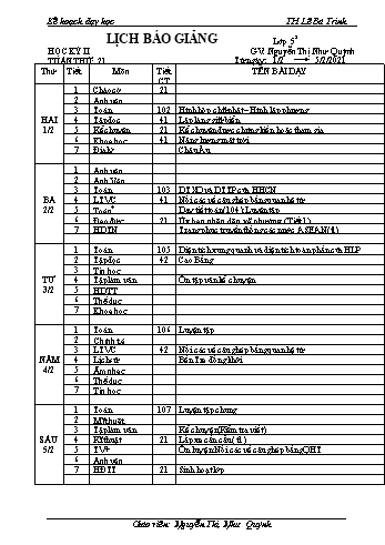 Kế hoạch bài dậy học kì 1 lớp 5 - Tuần 21 Năm học 2020-2021 - Nguyễn Thị Như Quỳnh - Trường Tiểu học Lê Bá Trinh