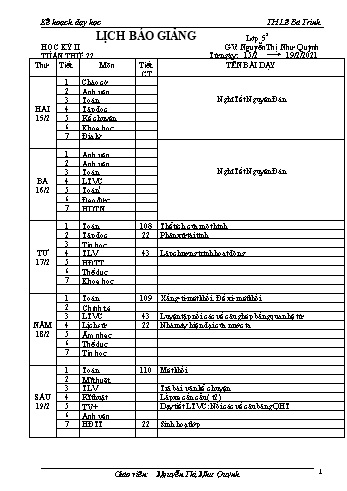 Kế hoạch bài dậy học kì 1 lớp 5 - Tuần 22 Năm học 2020-2021 - Nguyễn Thị Như Quỳnh - Trường Tiểu học Lê Bá Trinh