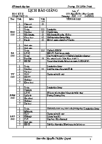 Kế hoạch bài dậy học kì 1 lớp 5 - Tuần 23 Năm học 2020-2021 - Nguyễn Thị Như Quỳnh - Trường Tiểu học Lê Bá Trinh