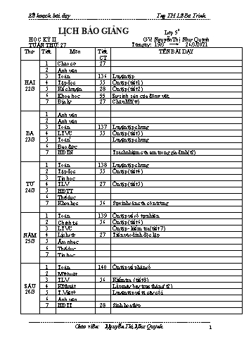 Kế hoạch bài dậy học kì 1 lớp 5 - Tuần 27 Năm học 2020-2021 - Nguyễn Thị Như Quỳnh - Trường Tiểu học Lê Bá Trinh