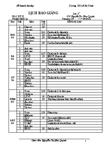 Kế hoạch bài dậy học kì 1 lớp 5 - Tuần 29 Năm học 2020-2021 - Nguyễn Thị Như Quỳnh - Trường Tiểu học Lê Bá Trinh