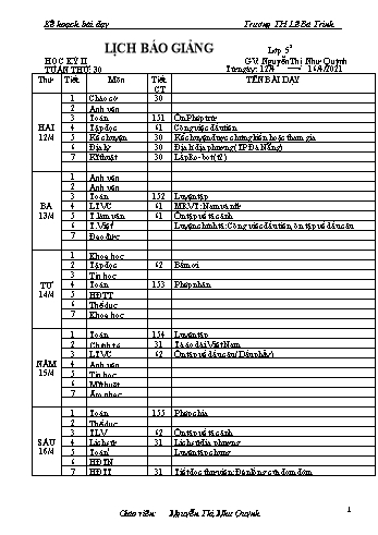 Kế hoạch bài dậy học kì 1 lớp 5 - Tuần 30 Năm học 2020-2021 - Nguyễn Thị Như Quỳnh - Trường Tiểu học Lê Bá Trinh