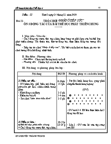 Kế hoạch bài dạy học kì 1 môn Thể dục lớp 4 - Tuần 11 đến tuần 16 Năm học 2020-2021 - Nguyễn Thành Trung - Trường Tiểu học Lê Bá Trinh