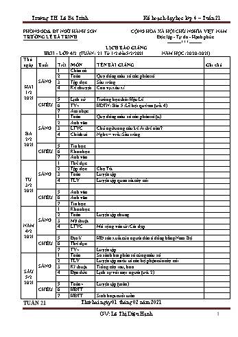 Kế hoạch bài dạy học kì 2 lớp 4 - Tuần 21 Năm học 2020-2021 - Lê Thị Diệu Hạnh - Trường Tiểu học Lê Bá Trinh