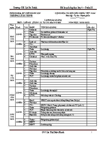 Kế hoạch bài dạy học kì 2 lớp 4 - Tuần 22 Năm học 2020-2021 - Lê Thị Diệu Hạnh - Trường Tiểu học Lê Bá Trinh