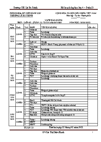 Kế hoạch bài dạy học kì 2 lớp 4 - Tuần 23 Năm học 2020-2021 - Lê Thị Diệu Hạnh - Trường Tiểu học Lê Bá Trinh