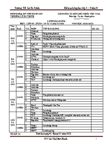 Kế hoạch bài dạy học kì 2 lớp 4 - Tuần 24 Năm học 2020-2021 - Lê Thị Diệu Hạnh - Trường Tiểu học Lê Bá Trinh