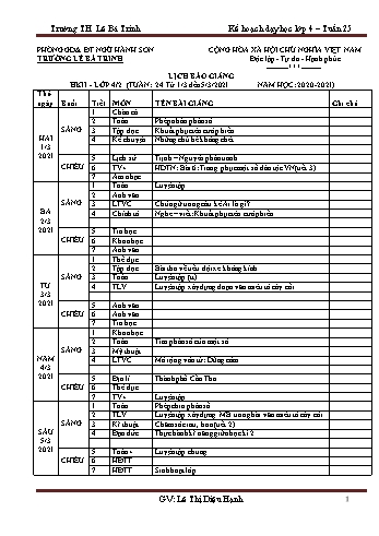 Kế hoạch bài dạy học kì 2 lớp 4 - Tuần 25 Năm học 2020-2021 - Lê Thị Diệu Hạnh - Trường Tiểu học Lê Bá Trinh