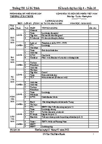 Kế hoạch bài dạy học kì 2 lớp 4 - Tuần 26 Năm học 2020-2021 - Lê Thị Diệu Hạnh - Trường Tiểu học Lê Bá Trinh