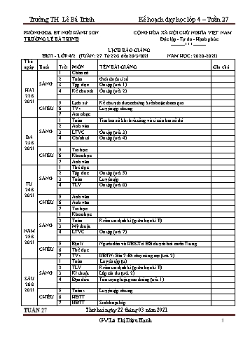 Kế hoạch bài dạy học kì 2 lớp 4 - Tuần 27 Năm học 2020-2021 - Lê Thị Diệu Hạnh - Trường Tiểu học Lê Bá Trinh