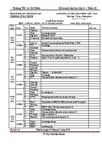 Kế hoạch bài dạy học kì 2 lớp 4 - Tuần 28 Năm học 2020-2021 - Lê Thị Diệu Hạnh - Trường Tiểu học Lê Bá Trinh