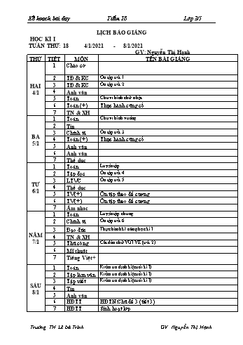 Kế hoạch bài dạy lớp 3 - Tuần 18 Năm học 2020-2021 - Nguyễn Thị Hạnh - Trường Tiểu học Lê Bá Trinh