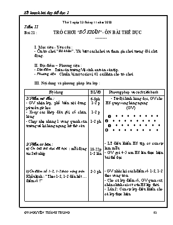 Kế hoạch bài dạy Thể dục 2 - Tuần 11 Năm học 2020-2021 - Nguyễn Thành Trung - Trường Tiểu học Lê Bá Trinh