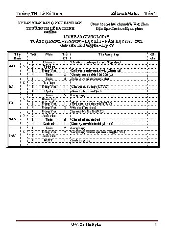 Kế hoạch bài học học kì 1 lớp 4 - Tuần 02 Năm học 2020-2021 - Xa Thị Ngân - Trường Tiểu học Lê Bá Trinh