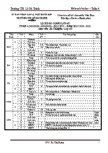 Kế hoạch bài học học kì 1 lớp 4 - Tuần 04 Năm học 2020-2021 - Xa Thị Ngân - Trường Tiểu học Lê Bá Trinh