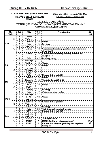 Kế hoạch bài học học kì 1 lớp 4 - Tuần 10 Năm học 2020-2021 - Xa Thị Ngân - Trường Tiểu học Lê Bá Trinh