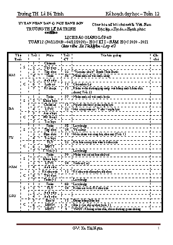 Kế hoạch bài học học kì 1 lớp 4 - Tuần 12 Năm học 2020-2021 - Xa Thị Ngân - Trường Tiểu học Lê Bá Trinh