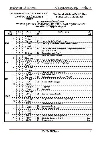 Kế hoạch bài học học kì 1 lớp 4 - Tuần 13 Năm học 2020-2021 - Xa Thị Ngân - Trường Tiểu học Lê Bá Trinh