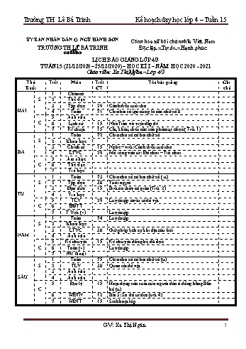 Kế hoạch bài học học kì 1 lớp 4 - Tuần 15 Năm học 2020-2021 - Xa Thị Ngân - Trường Tiểu học Lê Bá Trinh