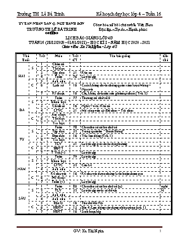 Kế hoạch bài học học kì 1 lớp 4 - Tuần 16 Năm học 2020-2021 - Xa Thị Ngân - Trường Tiểu học Lê Bá Trinh