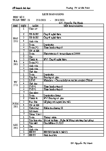 Kế hoạch bài học học kì 1 - Tuần 21 Năm học 2020-2021 - Nguyễn Thị Hạnh - Trường Tiểu học Lê Bá Trinh