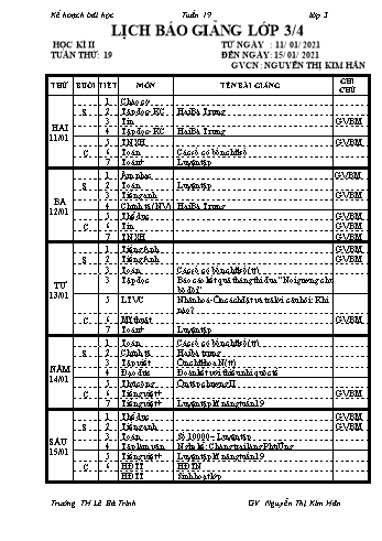 Kế hoạch bài học học kì 2 lớp 3 - Tuần 19 Năm học 2020-2021 - Nguyễn Thị Kim Hân - Trường Tiểu học Lê Bá Trinh