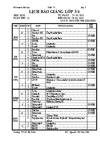 Kế hoạch bài học học kì 2 lớp 3 - Tuần 21 Năm học 2020-2021 - Nguyễn Thị Kim Hân - Trường Tiểu học Lê Bá Trinh