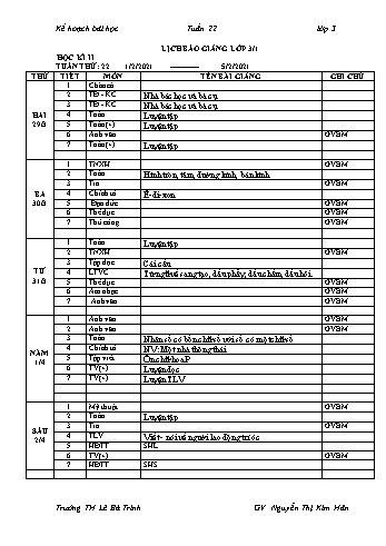 Kế hoạch bài học học kì 2 lớp 3 - Tuần 22 Năm học 2020-2021 - Nguyễn Thị Kim Hân - Trường Tiểu học Lê Bá Trinh