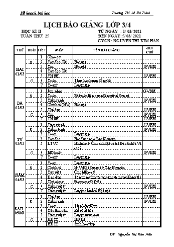 Kế hoạch bài học học kì 2 lớp 3 - Tuần 25 Năm học 2020-2021 - Nguyễn Thị Kim Hân - Trường Tiểu học Lê Bá Trinh