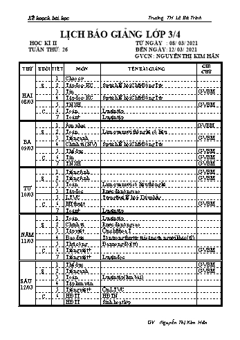 Kế hoạch bài học học kì 2 lớp 3 - Tuần 26 Năm học 2020-2021 - Nguyễn Thị Kim Hân - Trường Tiểu học Lê Bá Trinh