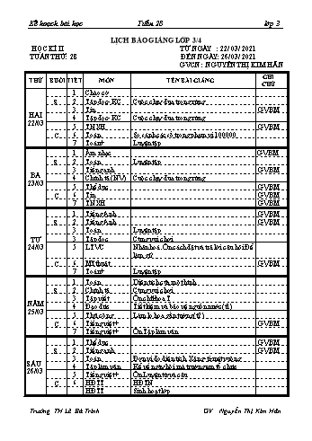 Kế hoạch bài học học kì 2 lớp 3 - Tuần 28 Năm học 2020-2021 - Nguyễn Thị Kim Hân - Trường Tiểu học Lê Bá Trinh