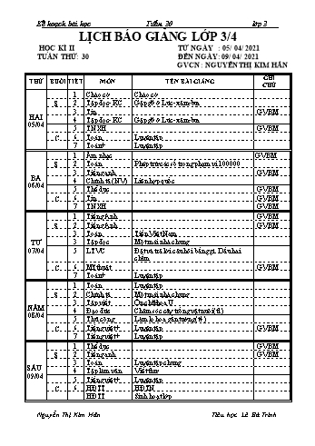 Kế hoạch bài học học kì 2 lớp 3 - Tuần 30 Năm học 2020-2021 - Nguyễn Thị Kim Hân - Trường Tiểu học Lê Bá Trinh
