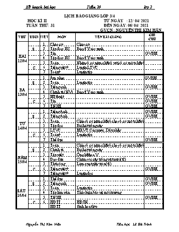 Kế hoạch bài học học kì 2 lớp 3 - Tuần 31 Năm học 2020-2021 - Nguyễn Thị Kim Hân - Trường Tiểu học Lê Bá Trinh