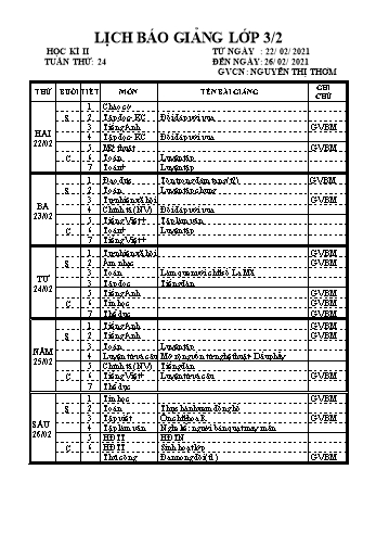 Kế hoạch bài học lớp 3 - Tuần 24 Năm học 2020-2021 - Nguyễn Thị Thơm - Trường Tiểu học Lê Bá Trinh