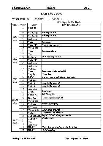 Kế hoạch bài học lớp 3 - Tuần 24 Năm học 2020-2021 - Nguyễn Thị Hạnh - Trường Tiểu học Lê Bá Trinh