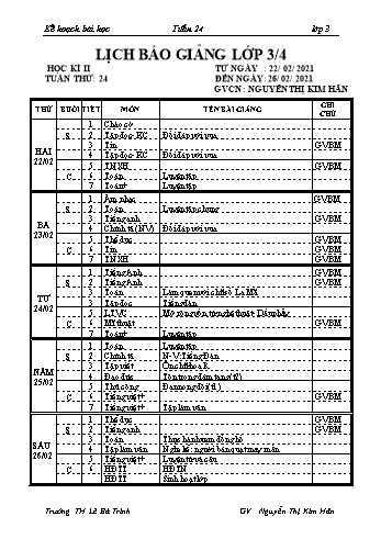 Kế hoạch bài học lớp 3 - Tuần 24 Năm học 2020-2021 - Nguyễn Thị Kim Ngân - Trường Tiểu học Lê Bá Trinh