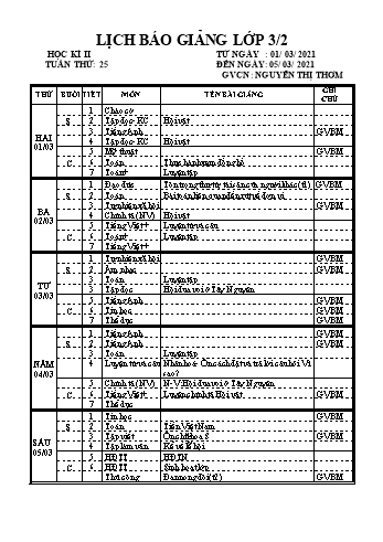 Kế hoạch bài học lớp 3 - Tuần 25 Năm học 2020-2021 - Nguyễn Thị Thơm - Trường Tiểu học Lê Bá Trinh