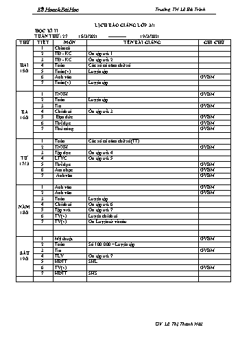 Kế hoạch bài học lớp 3 - Tuần 27 Năm học 2020-2021 - Lê Thị Thanh Hải - Trường Tiểu học Lê Bá Trinh