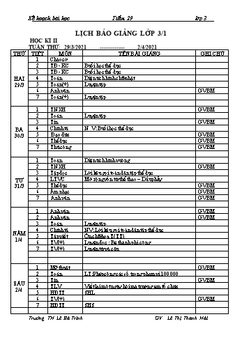 Kế hoạch bài học lớp 3 - Tuần 29 Năm học 2020-2021 - Lê Thị Thanh Hải - Trường Tiểu học Lê Bá Trinh