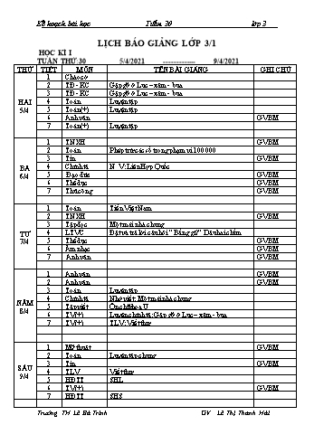 Kế hoạch bài học lớp 3 - Tuần 30 Năm học 2020-2021 - Lê Thị Thanh Hải - Trường Tiểu học Lê Bá Trinh