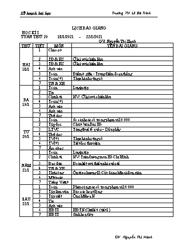 Kế hoạch bài học - Tuần 20 Năm học 2020-2021 - Nguyễn Thị Hạnh - Trường Tiểu học Lê Bá Trinh