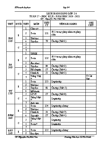 Kế hoạch dạy học học kì 2 lớp 2 - Tuần 27 Năm học 2020-2021 - Nguyễn Thị Hải Vân - Trường Tiểu học Lê Bá Trinh