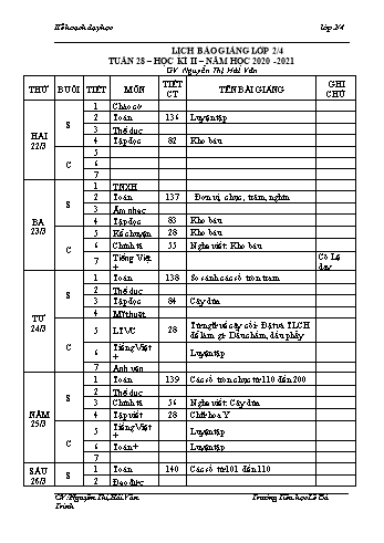 Kế hoạch dạy học học kì 2 lớp 2 - Tuần 28 Năm học 2020-2021 - Nguyễn Thị Hải Vân - Trường Tiểu học Lê Bá Trinh