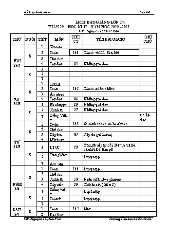 Kế hoạch dạy học học kì 2 lớp 2 - Tuần 29 Năm học 2020-2021 - Nguyễn Thị Hải Vân - Trường Tiểu học Lê Bá Trinh