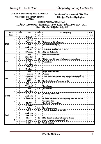 Kế hoạch dạy học lớp 4 - Tuần 26 Năm học 2020-2021 - Xa Thị Ngân - Trường Tiểu học Lê Bá Trinh