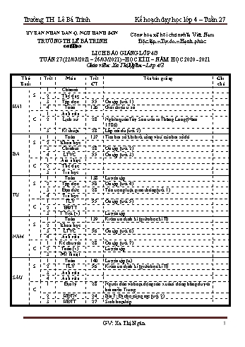 Kế hoạch dạy học lớp 4 - Tuần 27 Năm học 2020-2021 - Xa Thị Ngân - Trường Tiểu học Lê Bá Trinh