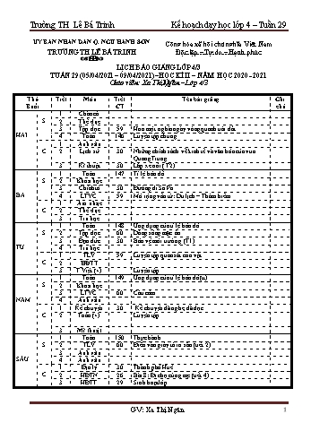 Kế hoạch dạy học lớp 4 - Tuần 29 Năm học 2020-2021 - Xa Thị Ngân - Trường Tiểu học Lê Bá Trinh